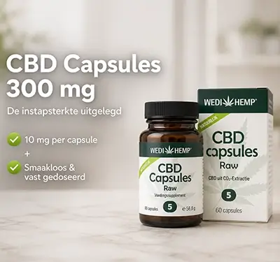 CBD capsules 300 mg van WediHemp Raw, 10 mg per capsule, smaakloos en vast gedoseerd