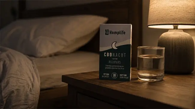 Doosje CBD nacht pleisters op een nachtkastje