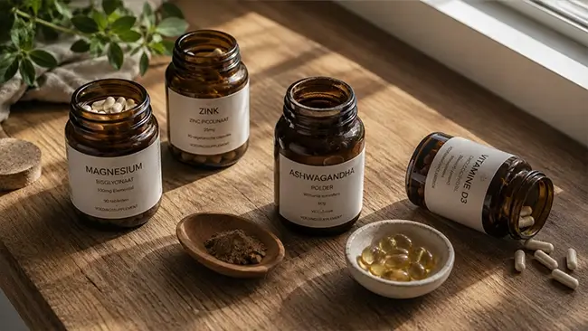 Natuurlijke supplementen capsules op houten ondergrond hormonen en haaruitval