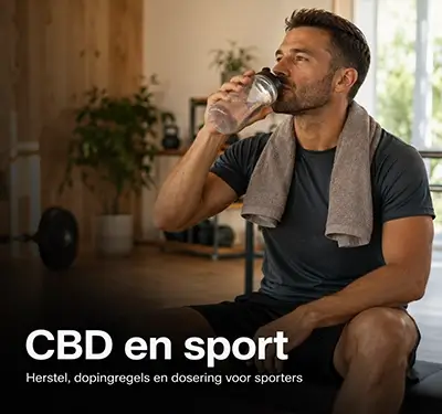 Sportieve man rust uit na zijn training en drinkt water in helder daglicht. CBD en sport: herstel, dopingregels en dosering voor sporters