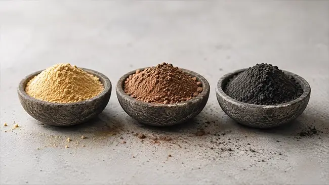 Drie schaaltjes met gele, rode en zwarte maca poeder naast elkaar