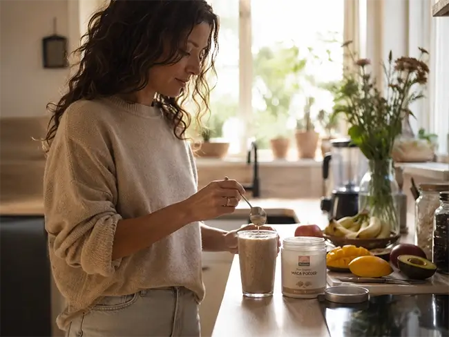 Vrouw roert maca poeder door een smoothie in de keuken