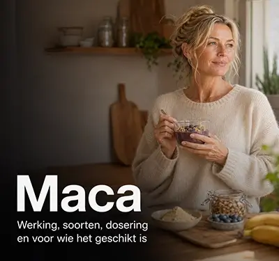 Vitale vrouw geniet 's ochtends van een smoothie in warm licht. Maca: werking, soorten, dosering en voor wie het geschikt is