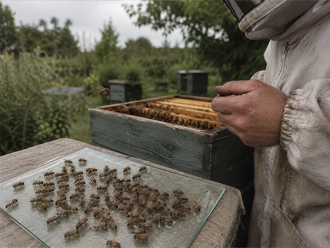 Imker wint bijengif van honingbijen op een glasplaat