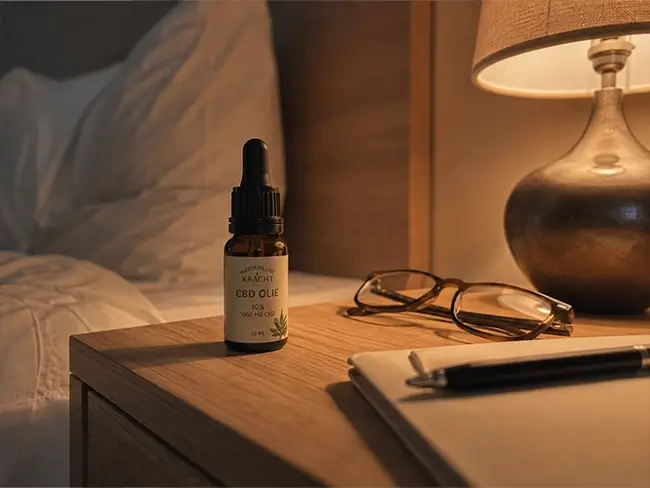 Flesje CBD olie op een nachtkastje als onderdeel van een avondritueel, passend bij ervaringen met CBD olie en slapen