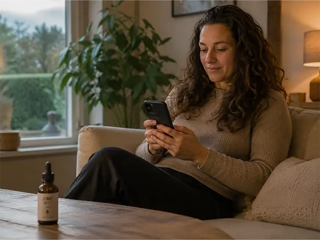 Vrouw leest CBD olie ervaringen van andere gebruikers op haar telefoon met een flesje CBD olie op tafel