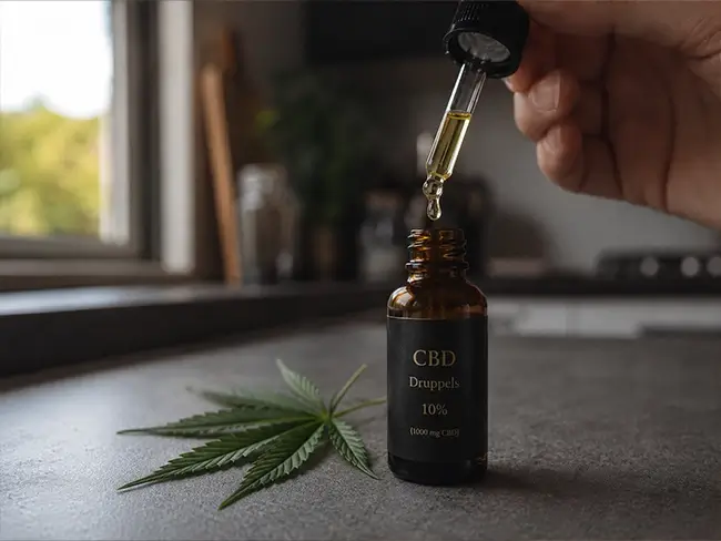 Close-up van een pipet met druppels CBD olie boven het flesje