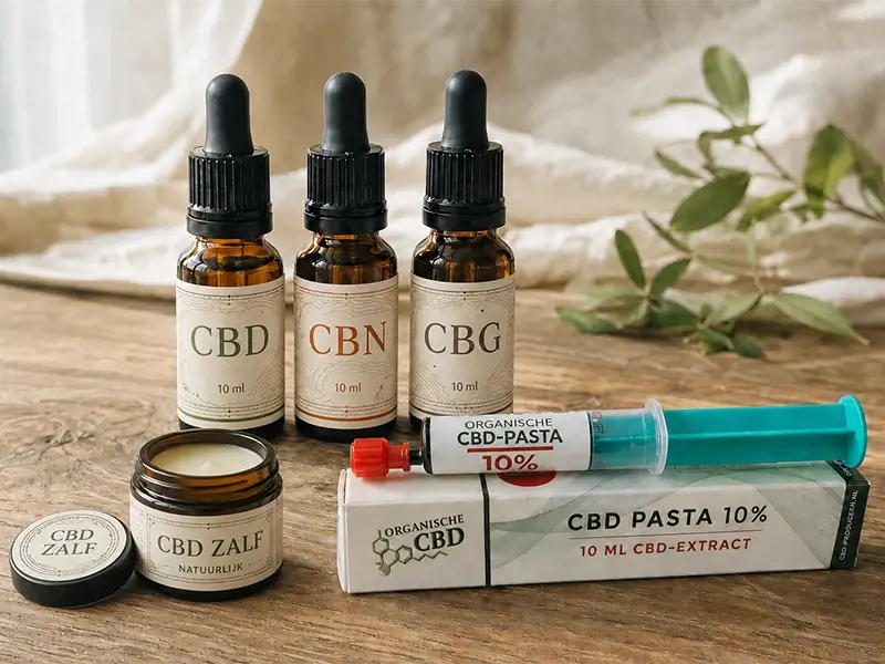 CBD olie, CBN en CBG flesjes met CBD zalf en CBD pasta van cbd-producten.nl