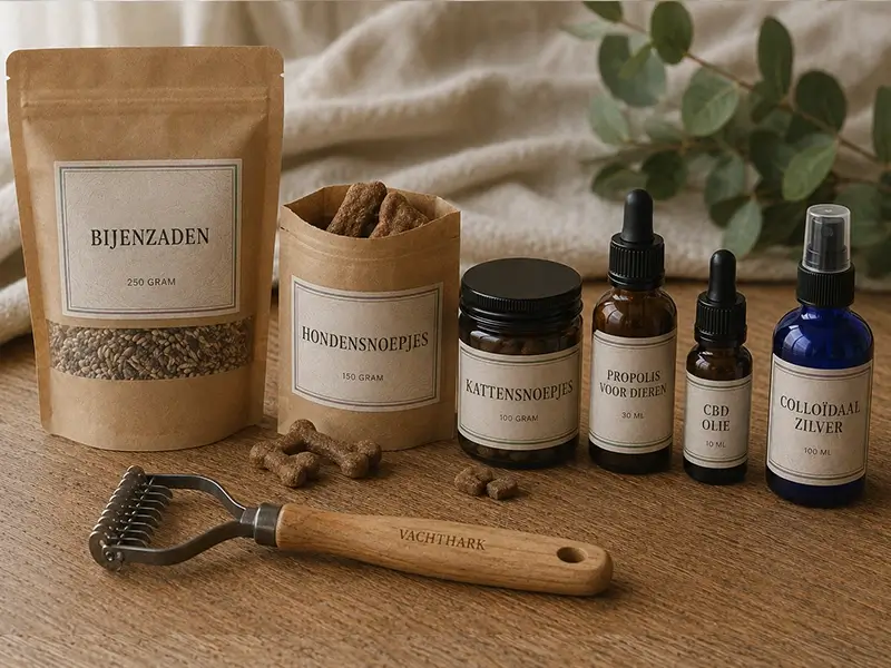Natuurlijke dierenproducten: hondensnoepjes, CBD olie, propolis en vachthark