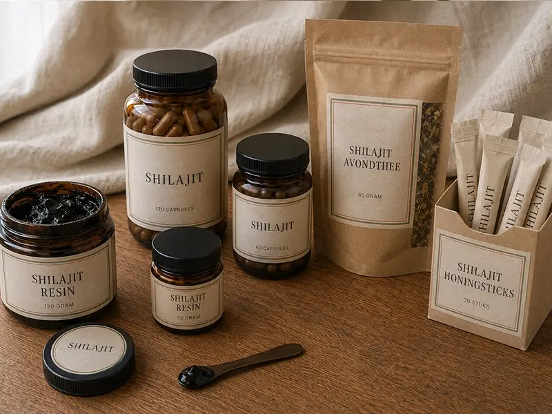 Shilajit resin, capsules, avondthee en honingsticks