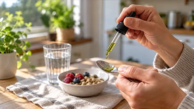 Cannabidiol druppels met pipet bij het ontbijt
