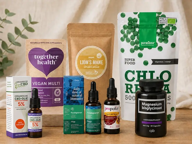 Natuurlijke supplementen: magnesium bisglycinaat, chlorella, Lion's Mane, chaga en propolis