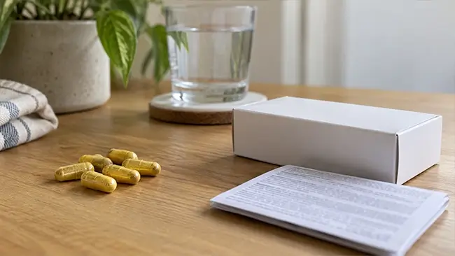 Berberine capsules naast verpakking en bijsluiter
