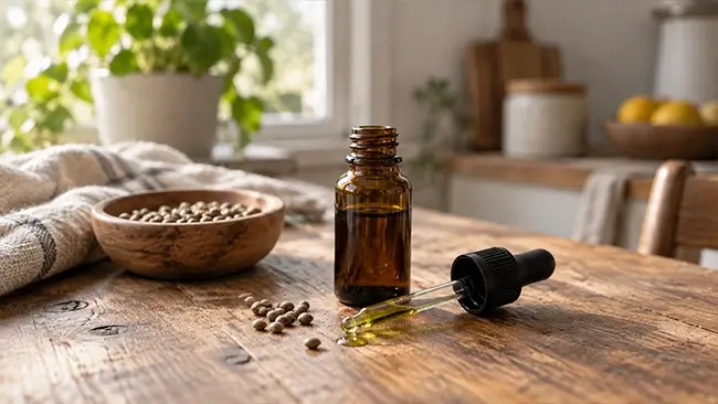 CBD olie druppels op houten tafel met pipet