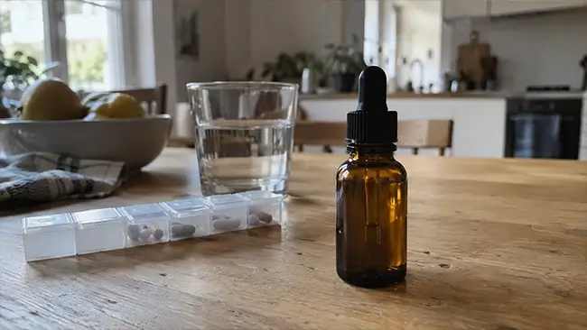 Flesje CBD olie naast medicijnen op een keukentafel