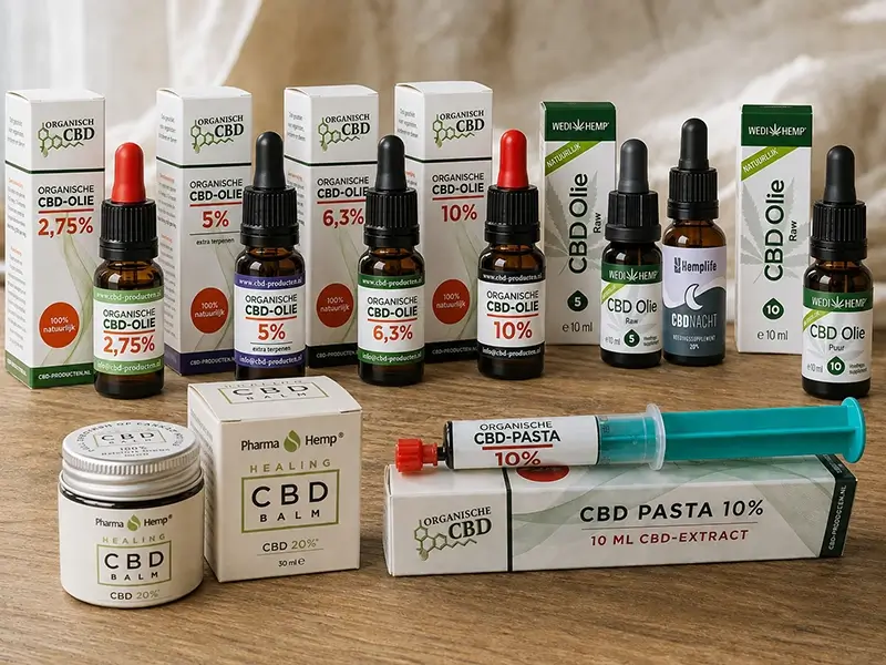CBD olie, CBN en CBG flesjes met CBD zalf en CBD pasta van cbd-producten.nl