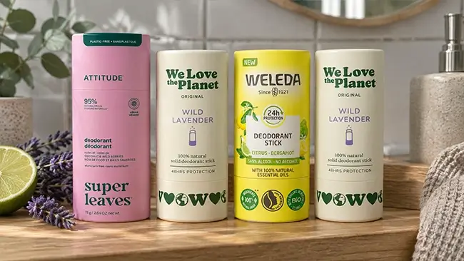 Vier natuurlijke deodorantsticks naast elkaar op een badkamerplank. Deodorant zonder dat er aluminium in zit