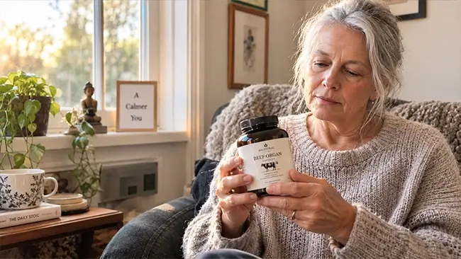 Hand houdt potje met runderorganen capsules vast