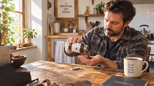 Houten schaal met capsules van gedroogde runderorganen @Afbeelding maken
