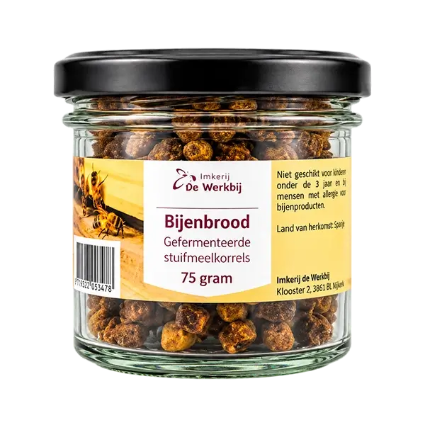 Bijenbrood Perga 75 gram in glazen potje met gefermenteerde stuifmeelkorrels