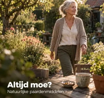 Oudere vrouw loopt met energie door een zonnige tuin
