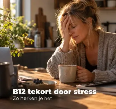 Vermoeide persoon aan de keukentafel met koffie bij een B12 tekort door stress
