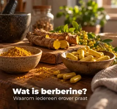 Capsules en gele wortels bij de uitleg over berberine