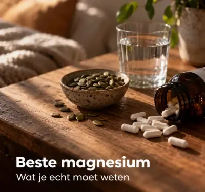 Magnesium capsules, pompoenpitten en een glas water op een houten tafel