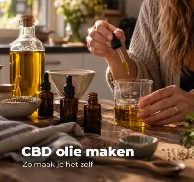 Vrouw maakt CBD olie met pipet, maatbeker en fles hennepzaadolie