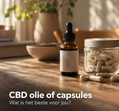 Pipetflesje CBD olie naast een potje capsules op een houten tafel