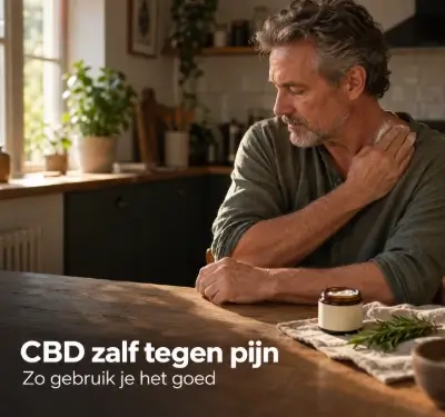 Man masseert CBD zalf in zijn schouder tegen pijn