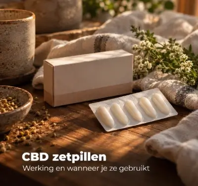 Verpakking CBD zetpillen op een houten tafel met linnen en kruiden