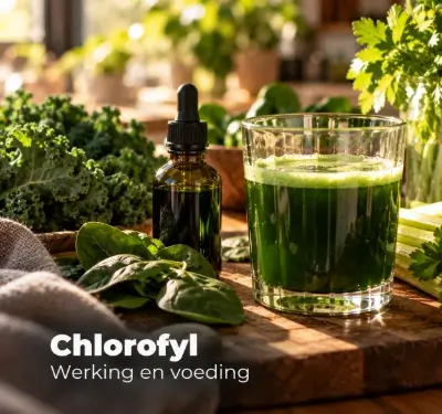 Chlorofyl druppels met een glas groen water en bladgroente