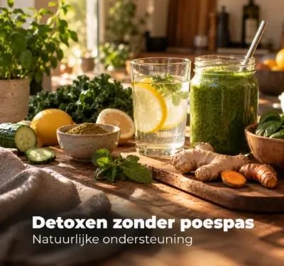 Glas water met citroen, groene smoothie en kruiden voor detoxen
