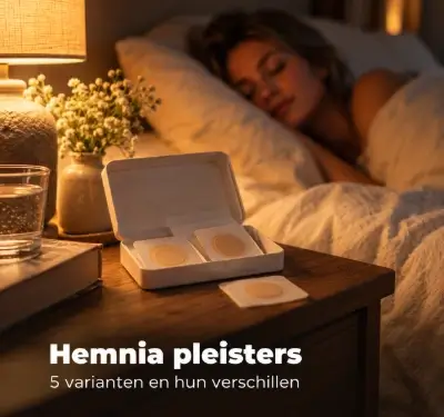 Hemnia slaappleisters in een doosje op een nachtkastje naast een slapende vrouw