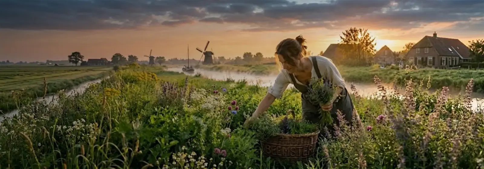 CBD producten van een Nederlands familiebedrijf: een vrouw plukt kruiden in de polder bij zonsopgang