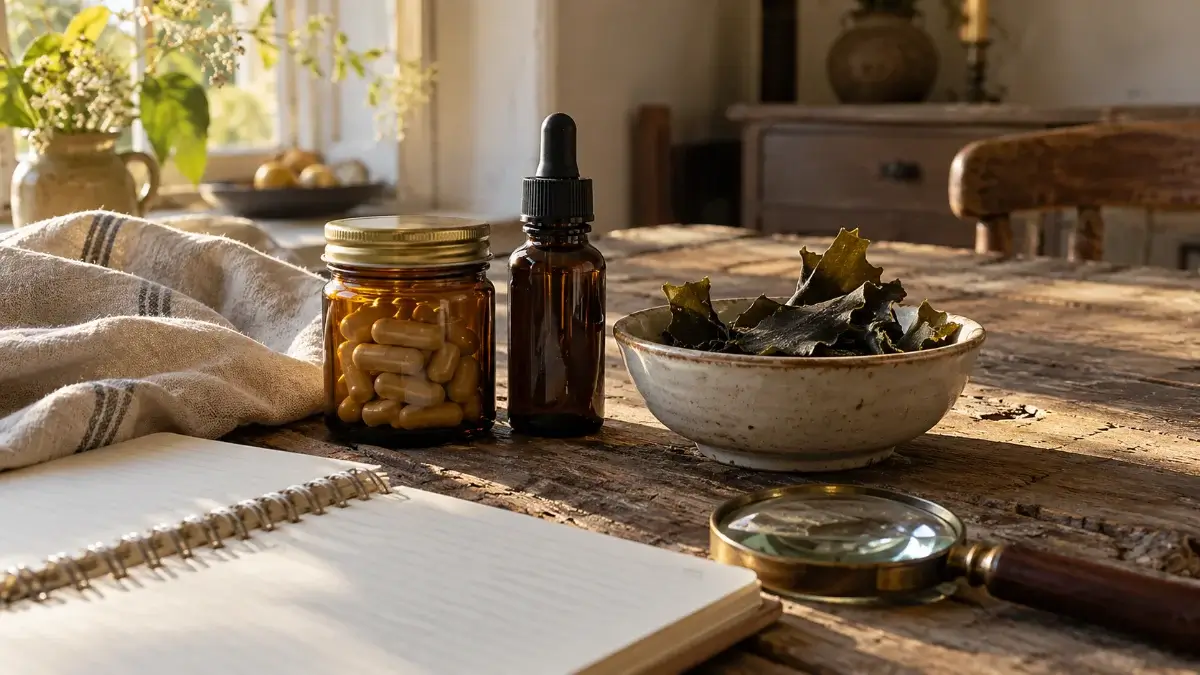 Jodium supplement in capsules, druppels en kelp vergeleken op een rustieke tafel