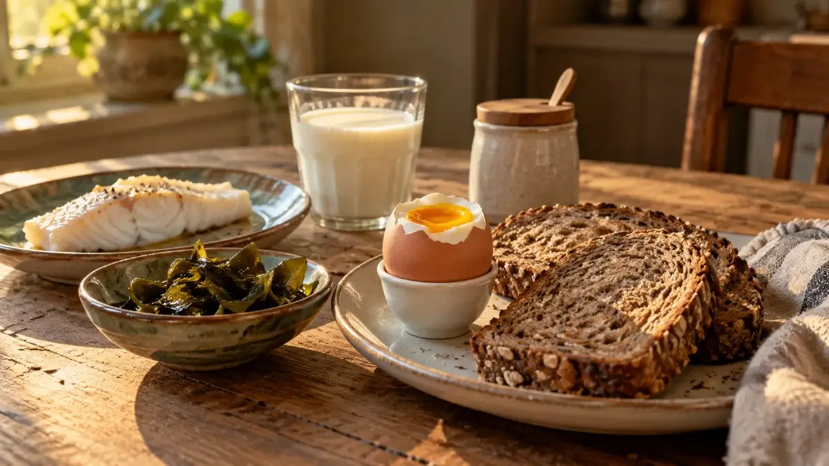 Volkorenbrood, gekookt ei, melk, witte vis en zeewier op een rustieke ontbijttafel