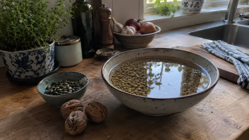 Kom linzen in water met pompoenpitten en noten