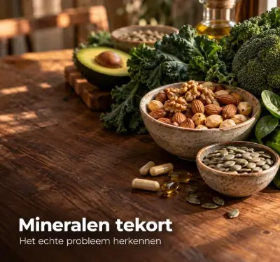 Noten, pompoenpitten, groene bladgroente en capsules bij een mineralen tekort