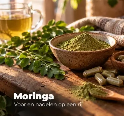 Moringa poeder met groene blaadjes en capsules op een houten tafel