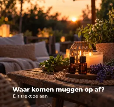 Zomeravond op een terras met kaarsen en flesjes etherische olie tegen muggen