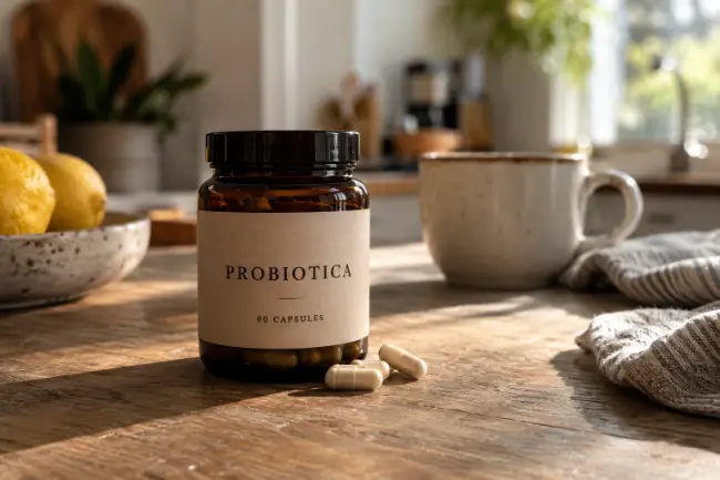 Probiotica capsules in ochtendlicht op keukentafel