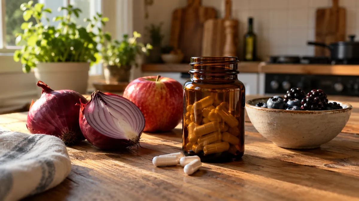 Quercetine uit rode ui naast capsules op een houten tafel