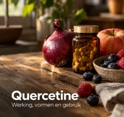 Quercetine capsules met rode ui, appel en bessen op een houten tafel
