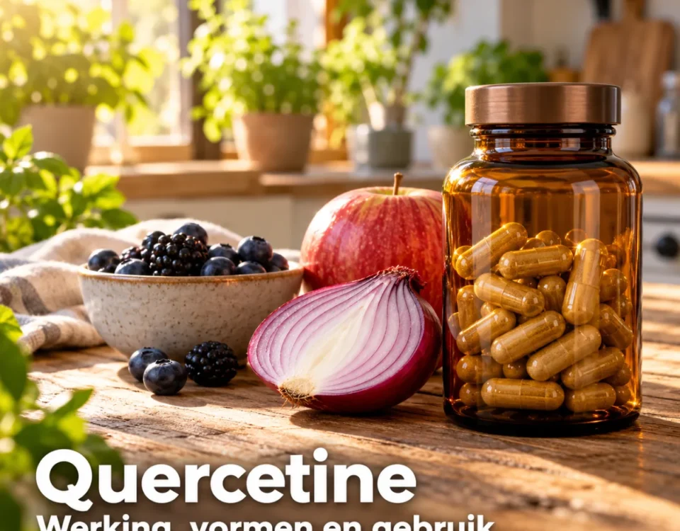 Apotheekpot met capsules naast rode ui, appel en bessen