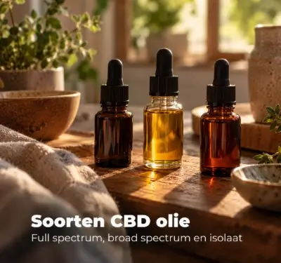 Soorten CBD olie in drie pipetflesjes op een houten tafel