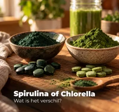 Spirulina en Chlorella poeder en tabletten in kommetjes
