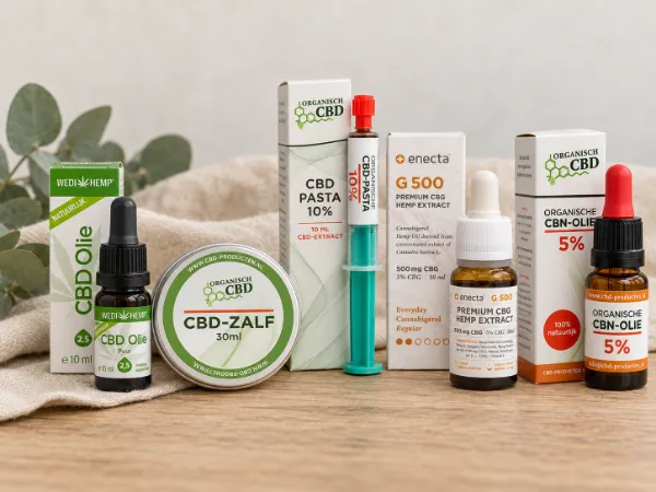 CBD olie, CBN en CBG flesjes met CBD zalf en CBD pasta van cbd-producten.nl