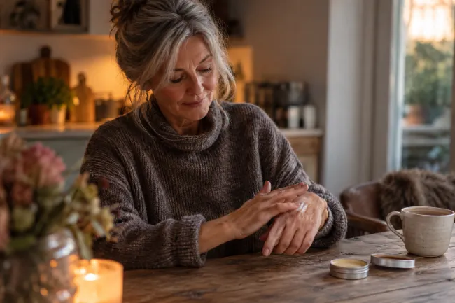 Handen verzorgen met zalf aan tafel